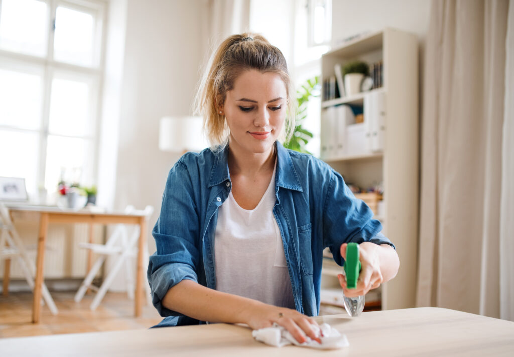 A woman cleaning a tabletop with a spray bottle and a ra